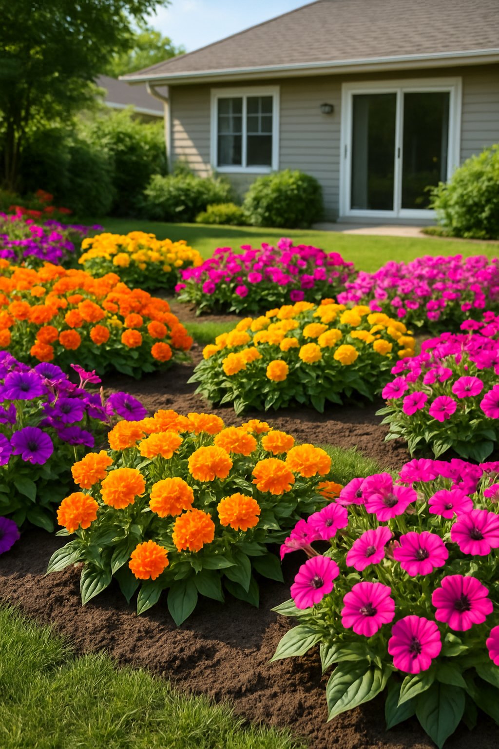 A backyard garden with colorful flower beds filled with petunias and marigolds in front of a house.