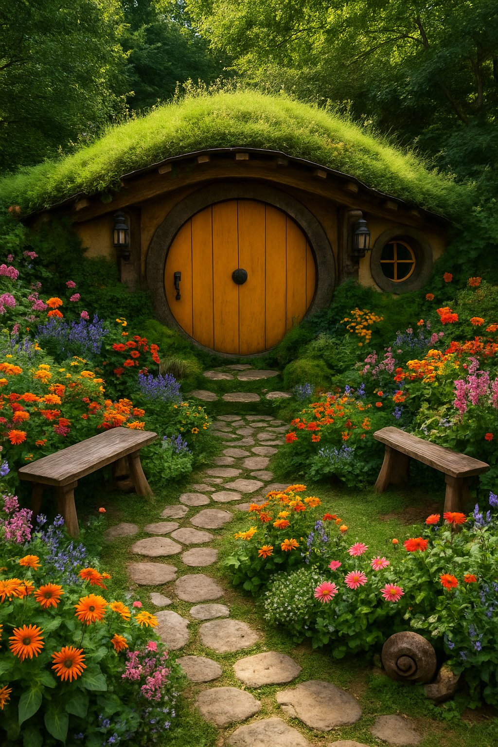 A backyard garden featuring a small hobbit house with a round door, surrounded by colorful flowers, greenery, and stone pathways.