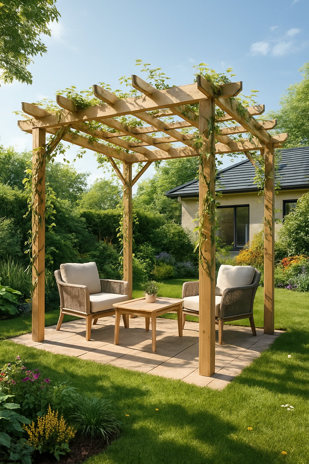 A backyard garden with a wooden pergola covered in climbing plants, surrounded by green plants and flowers, with outdoor furniture underneath.