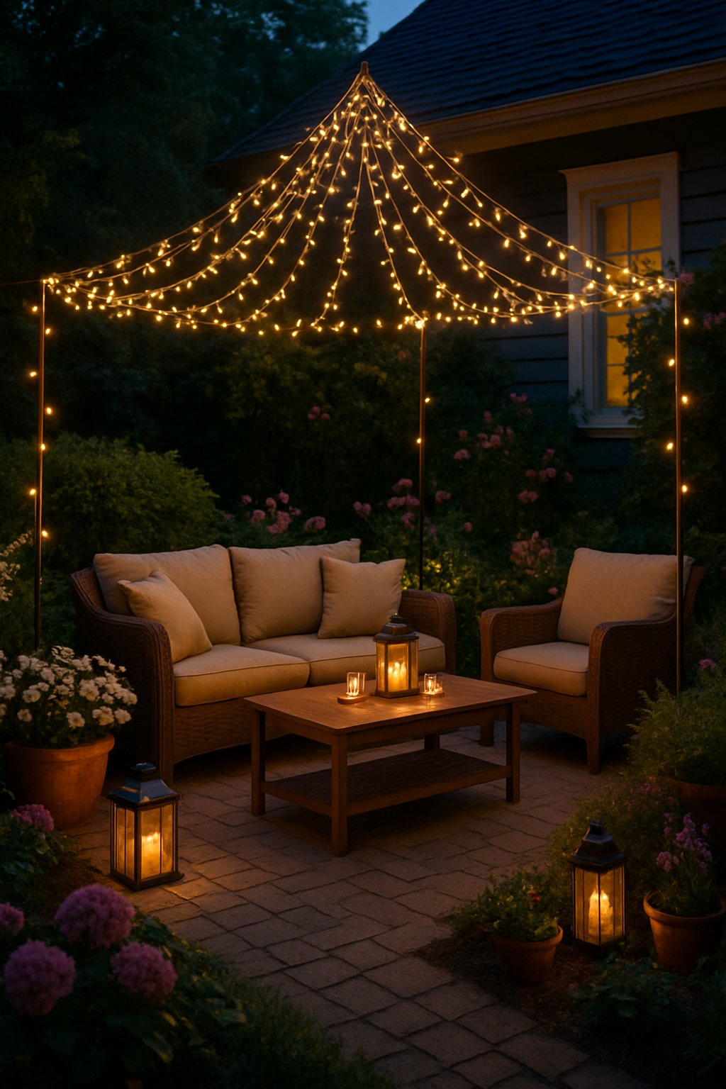 Backyard garden at evening with strings of warm fairy lights draped over a seating area surrounded by plants and flowers.