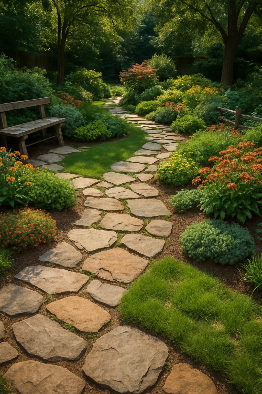 A backyard garden with winding natural stone pathways surrounded by green plants, flowers, and wooden garden elements under soft sunlight.