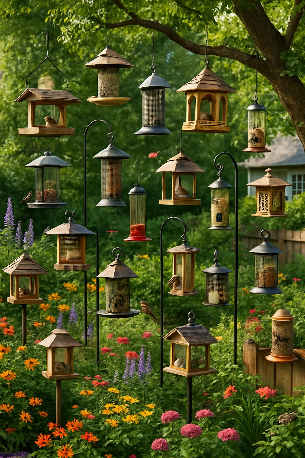 A colorful backyard garden with 24 different bird feeders surrounded by flowers, trees, and birds feeding in a peaceful setting near a house.