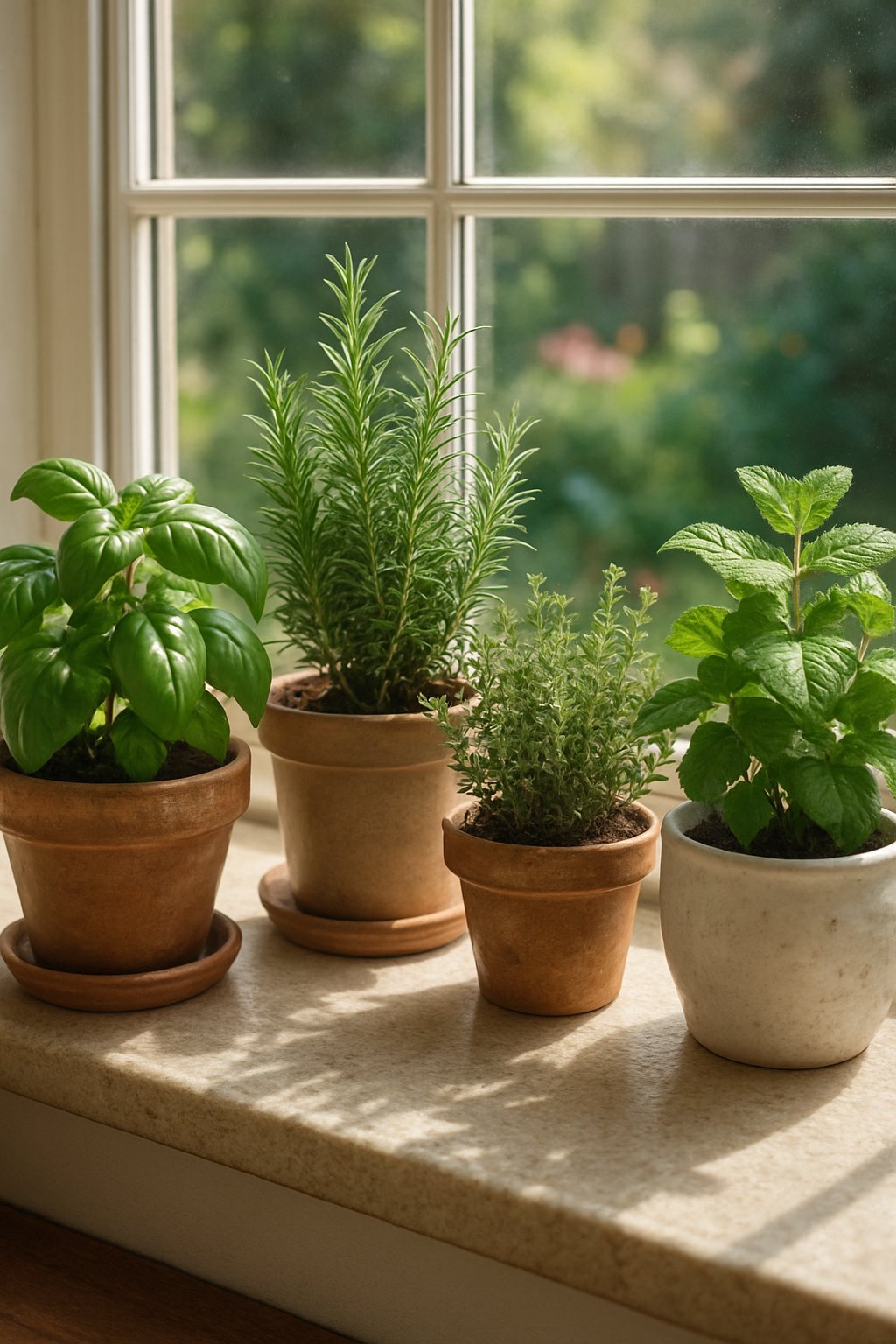 Mini herb garden pots with various green herbs on a sunny windowsill overlooking a backyard garden.