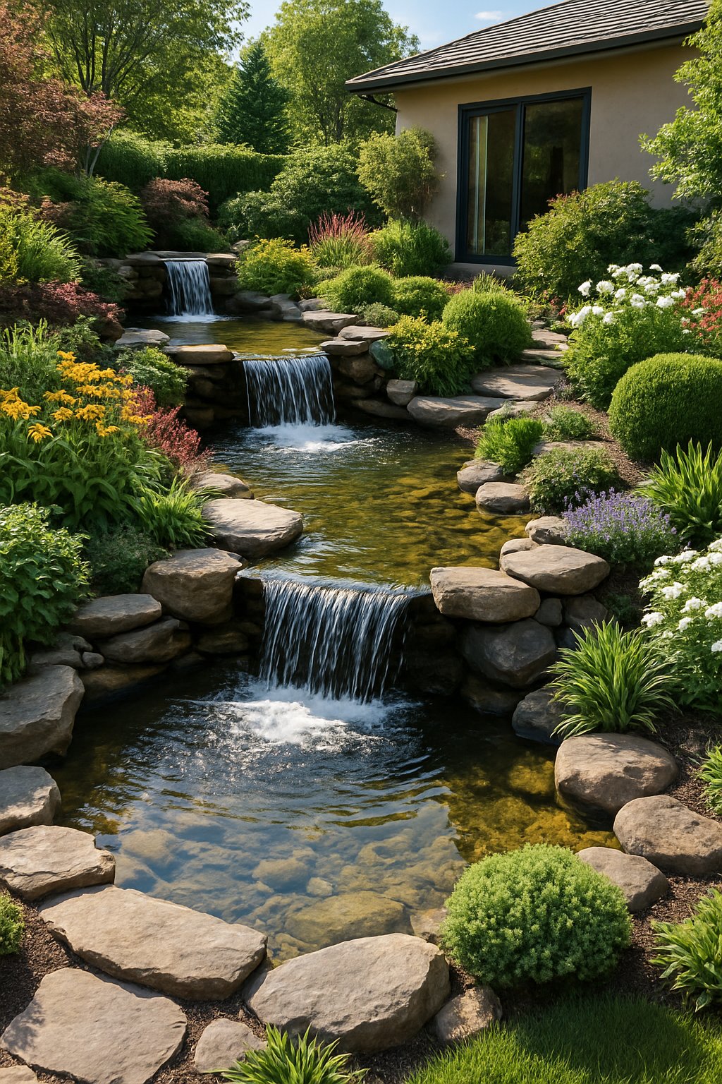 A backyard garden with small fountains and ponds surrounded by plants and stone pathways.