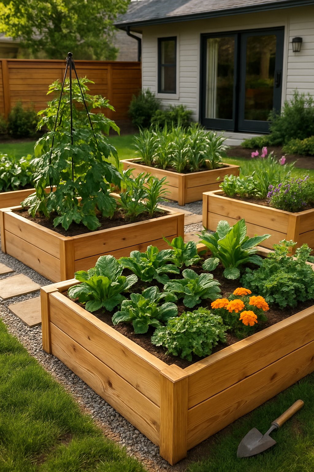 Backyard with multiple wooden raised garden beds filled with various plants, stone pathways, green grass, and a modern house in the background.