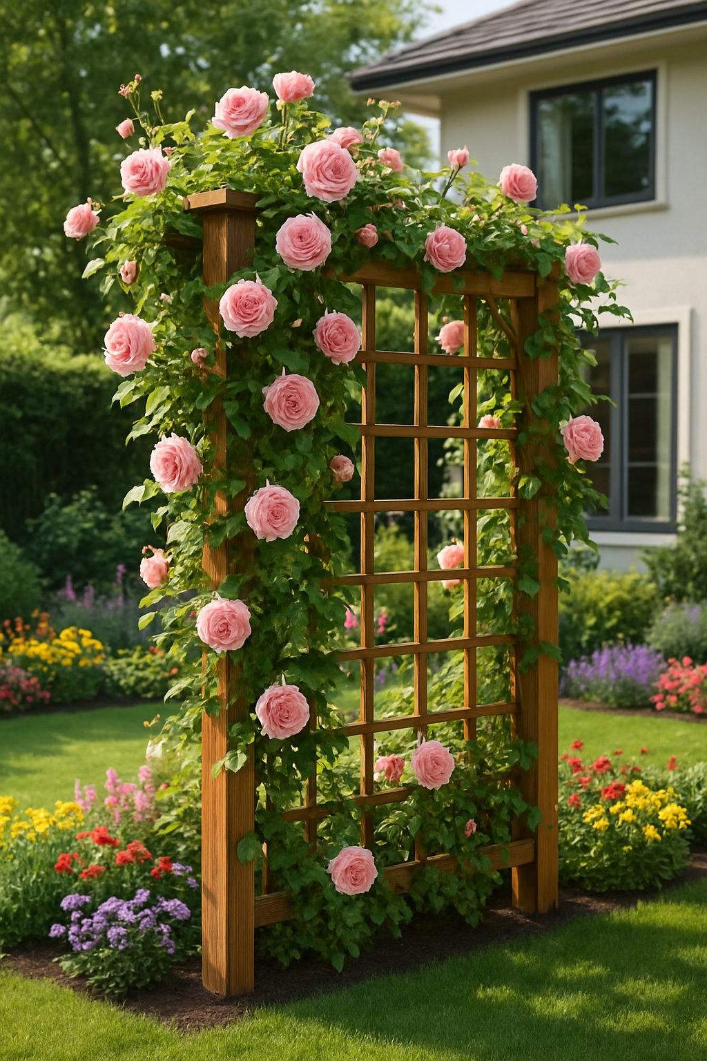 A backyard garden with a wooden trellis covered in climbing roses and vines, surrounded by flowers and grass, with a house visible in the background.