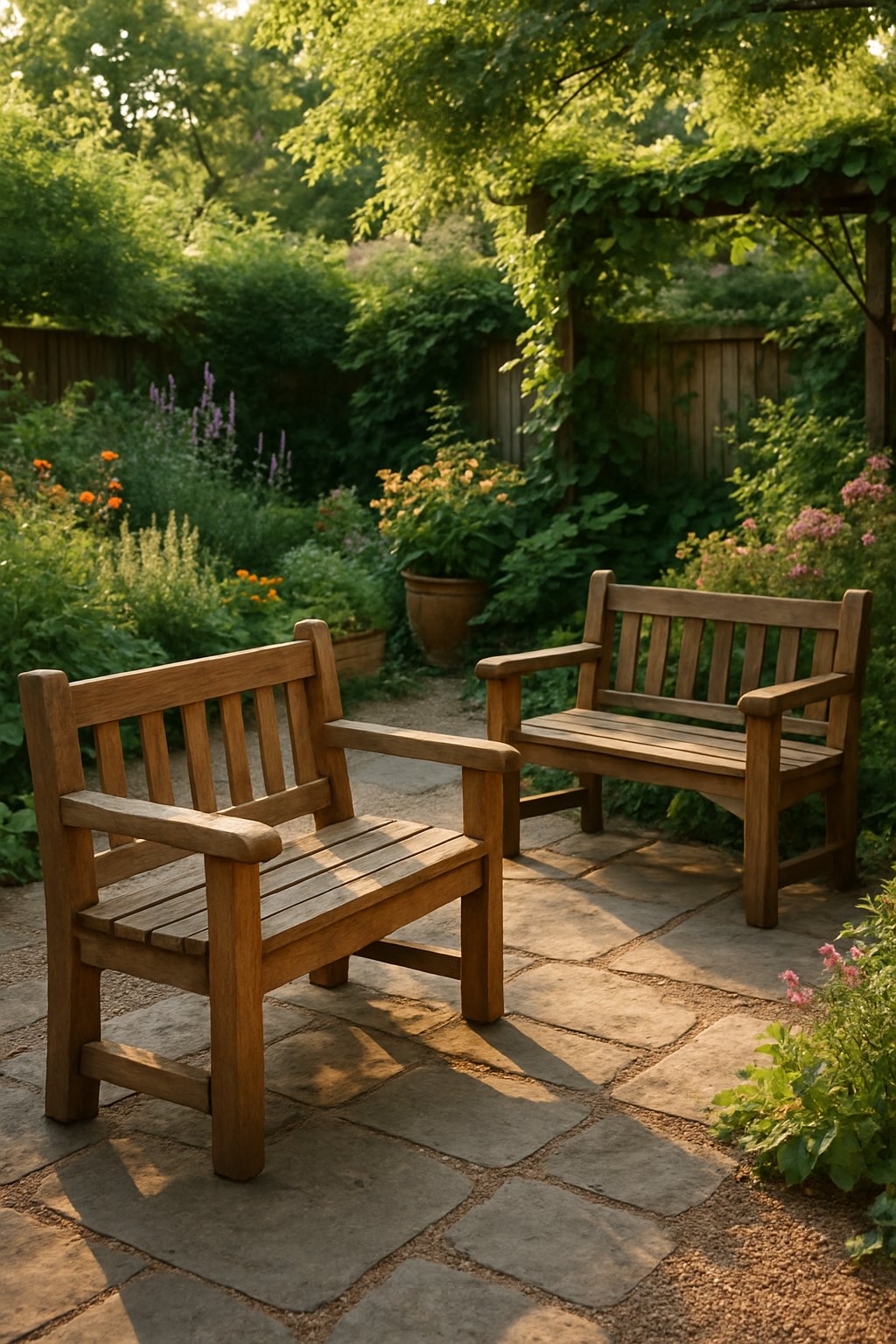 A backyard garden with rustic wooden benches surrounded by green plants and flowers, creating a cozy seating area.