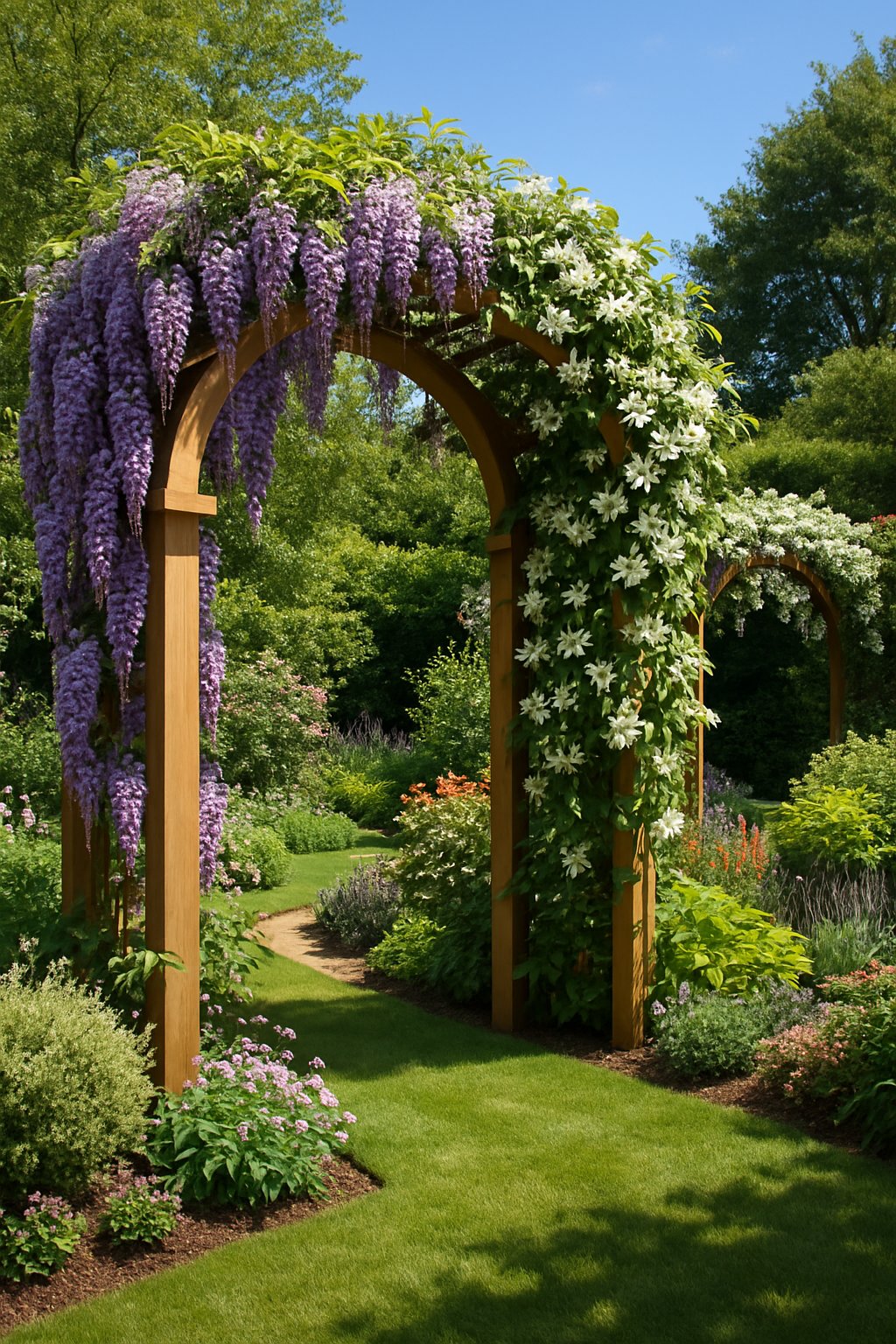 A backyard garden with wooden arbors covered in blooming wisteria and jasmine vines surrounded by green plants and grass.