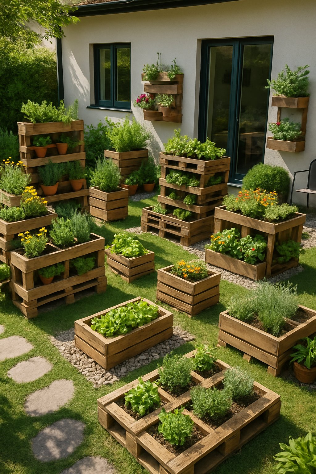 Backyard of a modern house featuring 24 recycled pallet planters filled with various plants and flowers arranged in an eco-friendly garden.