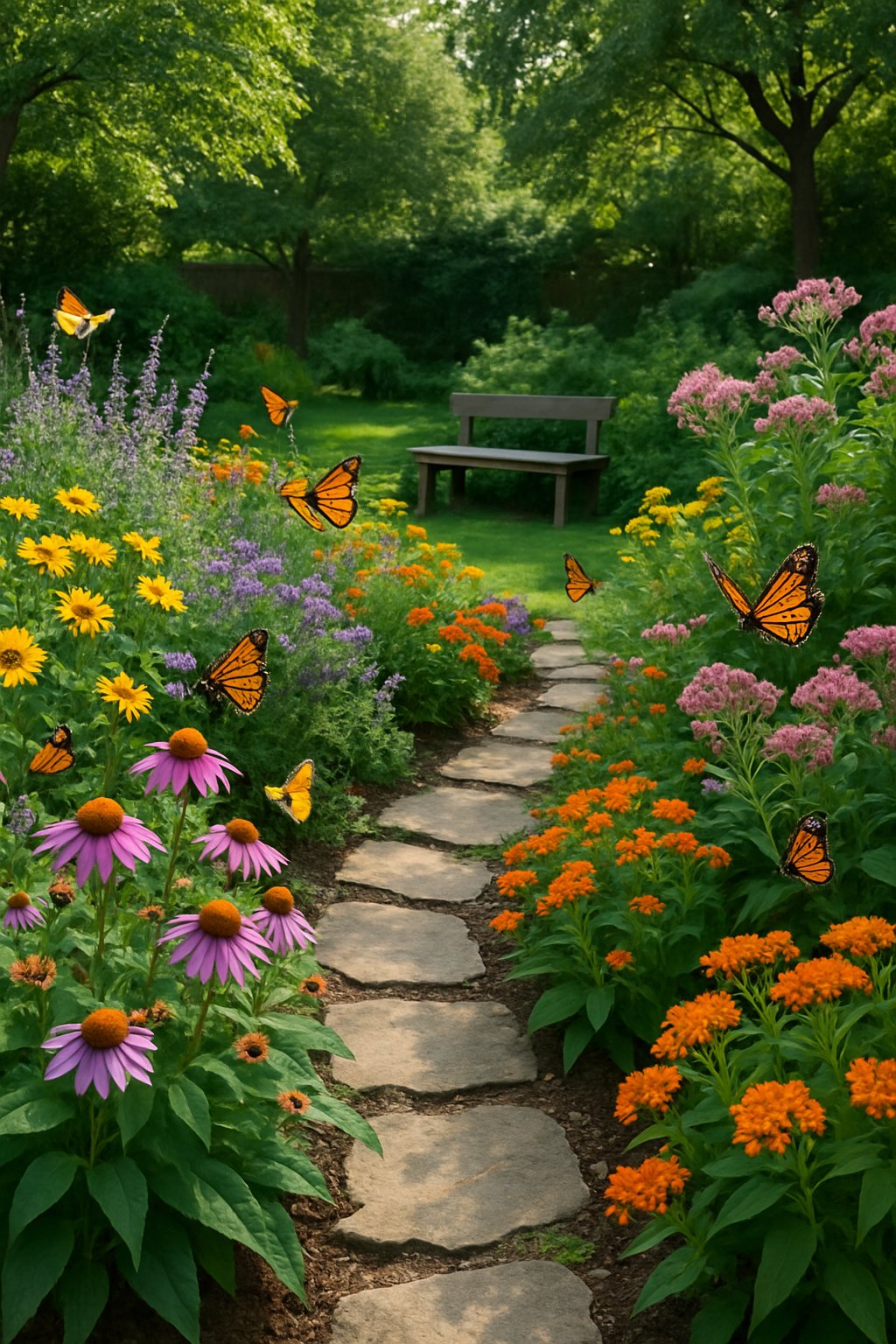 A backyard garden filled with colorful native flowering plants and butterflies fluttering among them, with a stone pathway and a wooden bench surrounded by grass and trees.