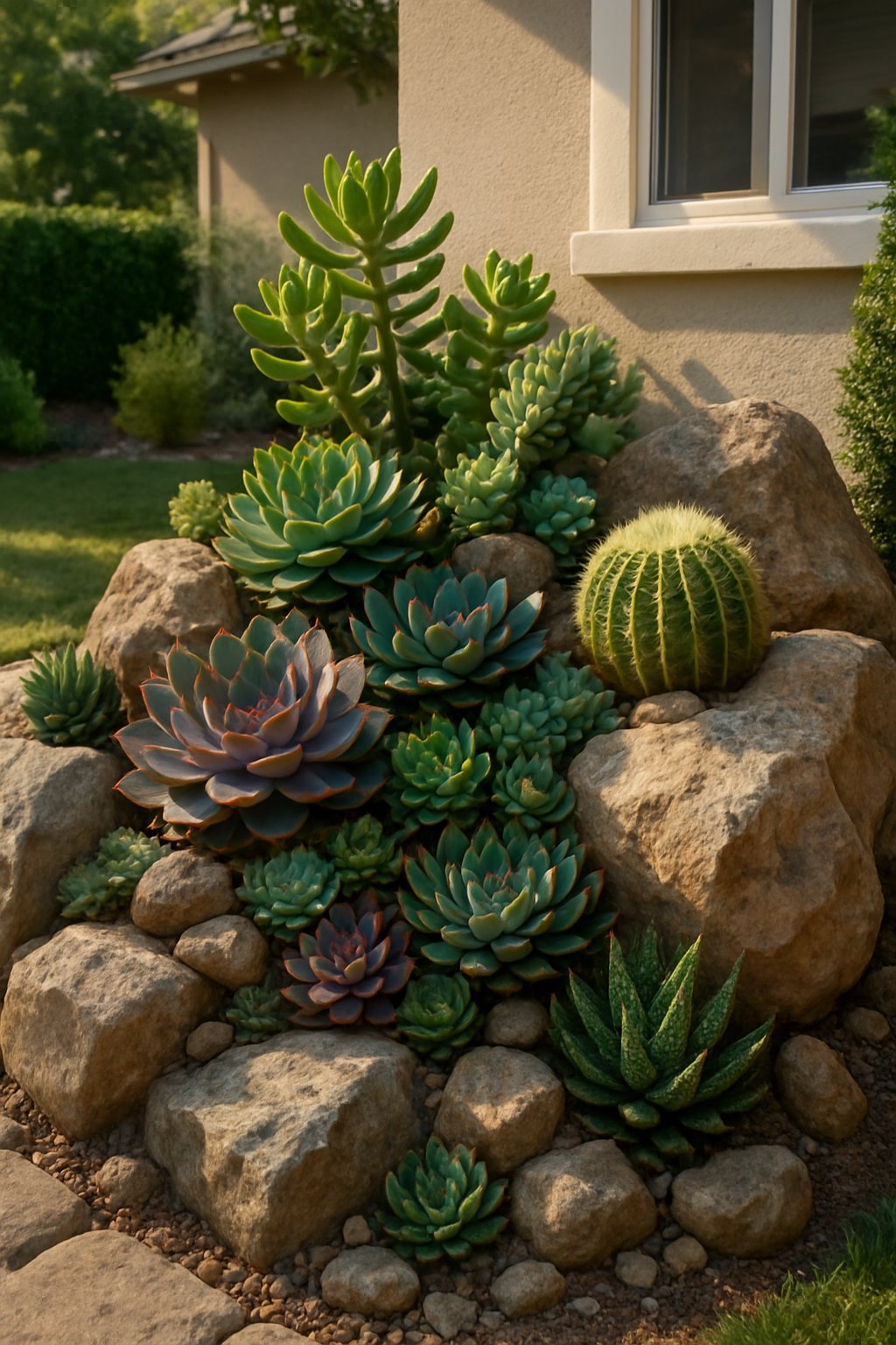 A corner of a backyard garden featuring a variety of succulents and rocks arranged among natural stones with a house visible in the background.