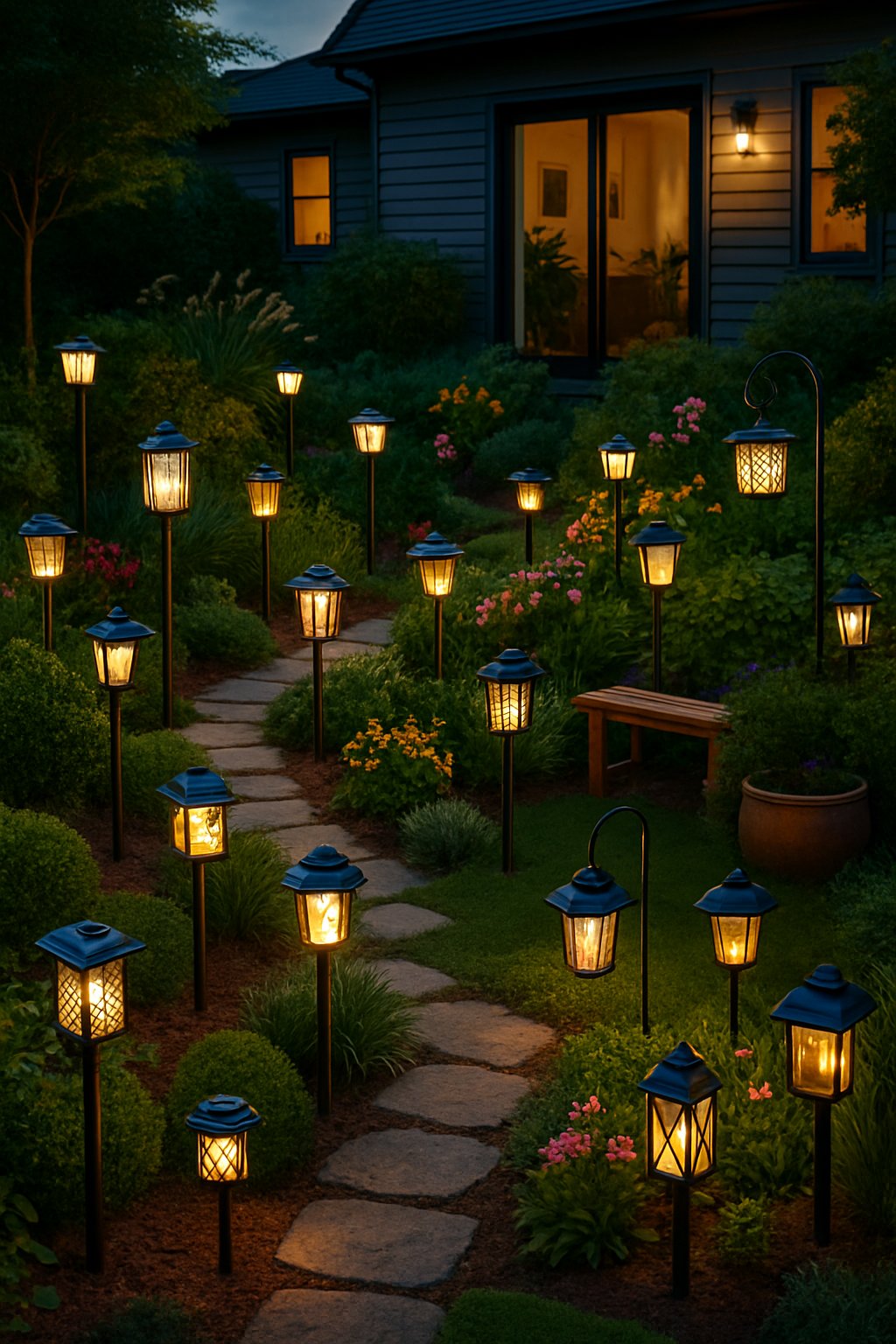 A backyard garden behind a house with 24 solar-powered lanterns glowing among plants, flowers, and pathways at twilight.