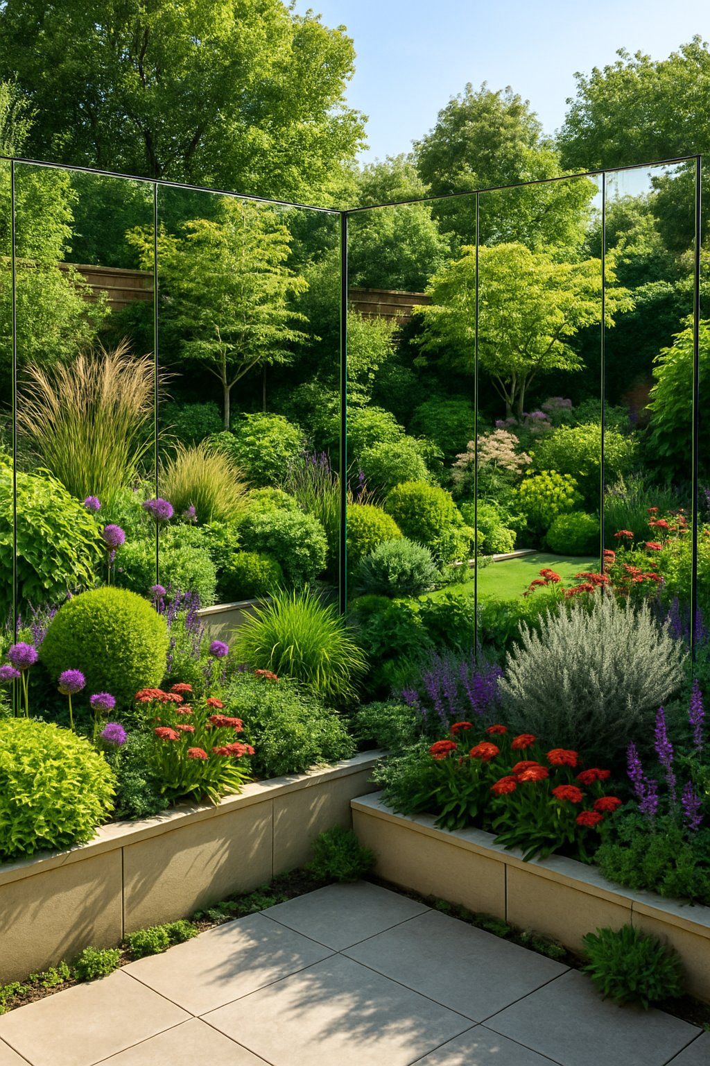 A backyard garden with mirror walls reflecting plants and flowers, creating an illusion of more space and depth.