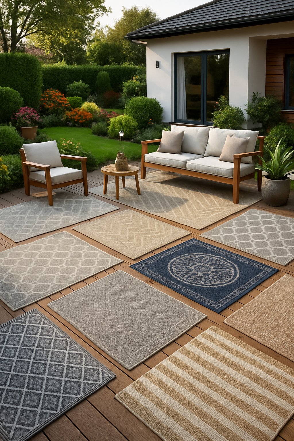 A backyard patio with multiple outdoor rugs, surrounded by garden plants, seating areas, and decorative elements in a house garden.