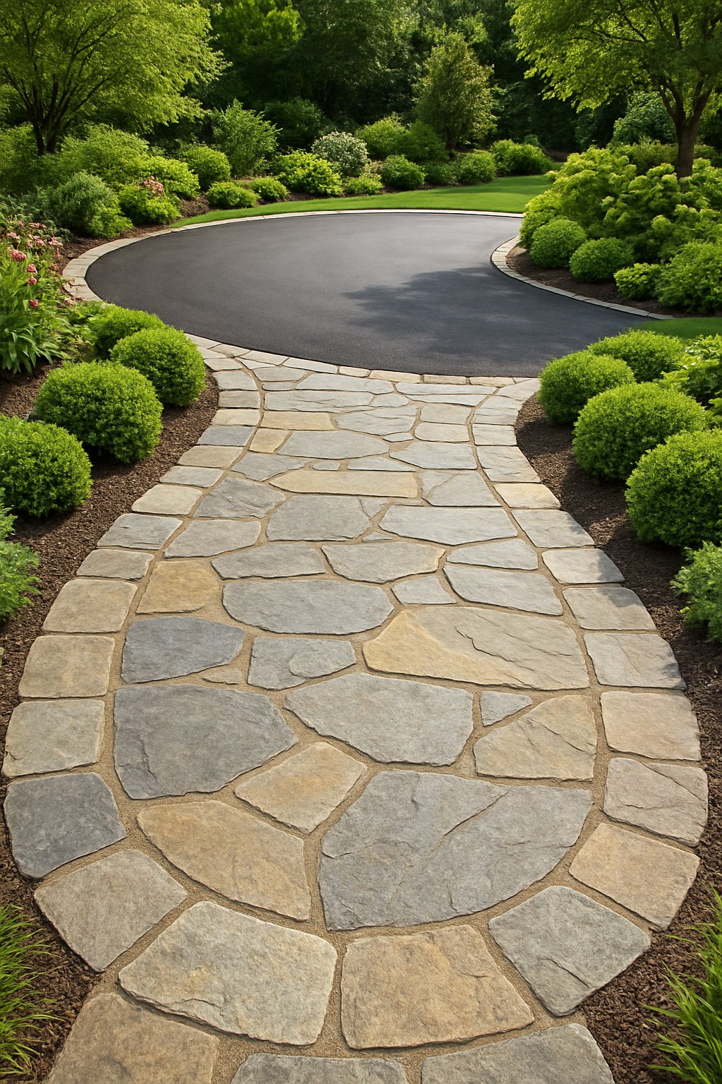 A curved stone pathway framing a half-circle driveway surrounded by green shrubs and flowering plants.