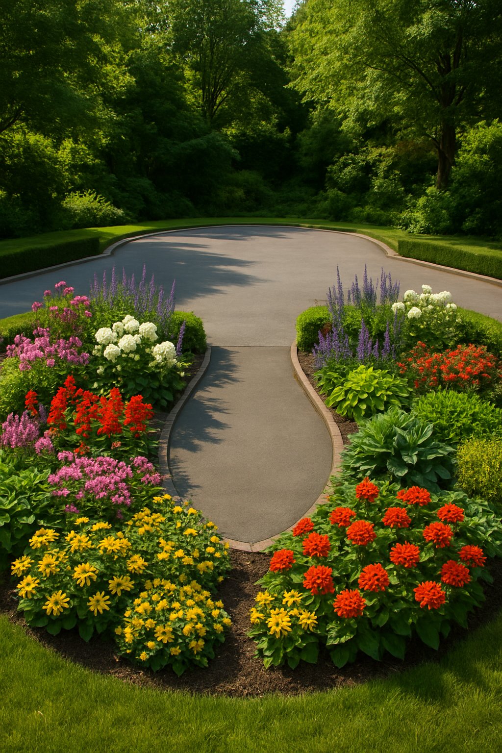 A symmetrical garden with two identical flower beds on each side of a half-circle driveway surrounded by grass and hedges.