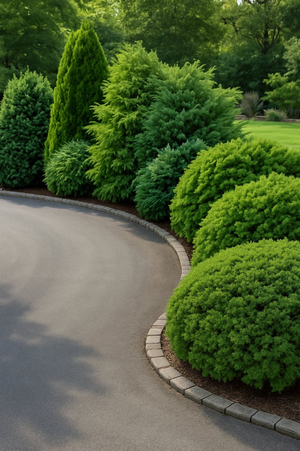 A half-circle driveway bordered by dense evergreen shrubs with a manicured lawn in the background.