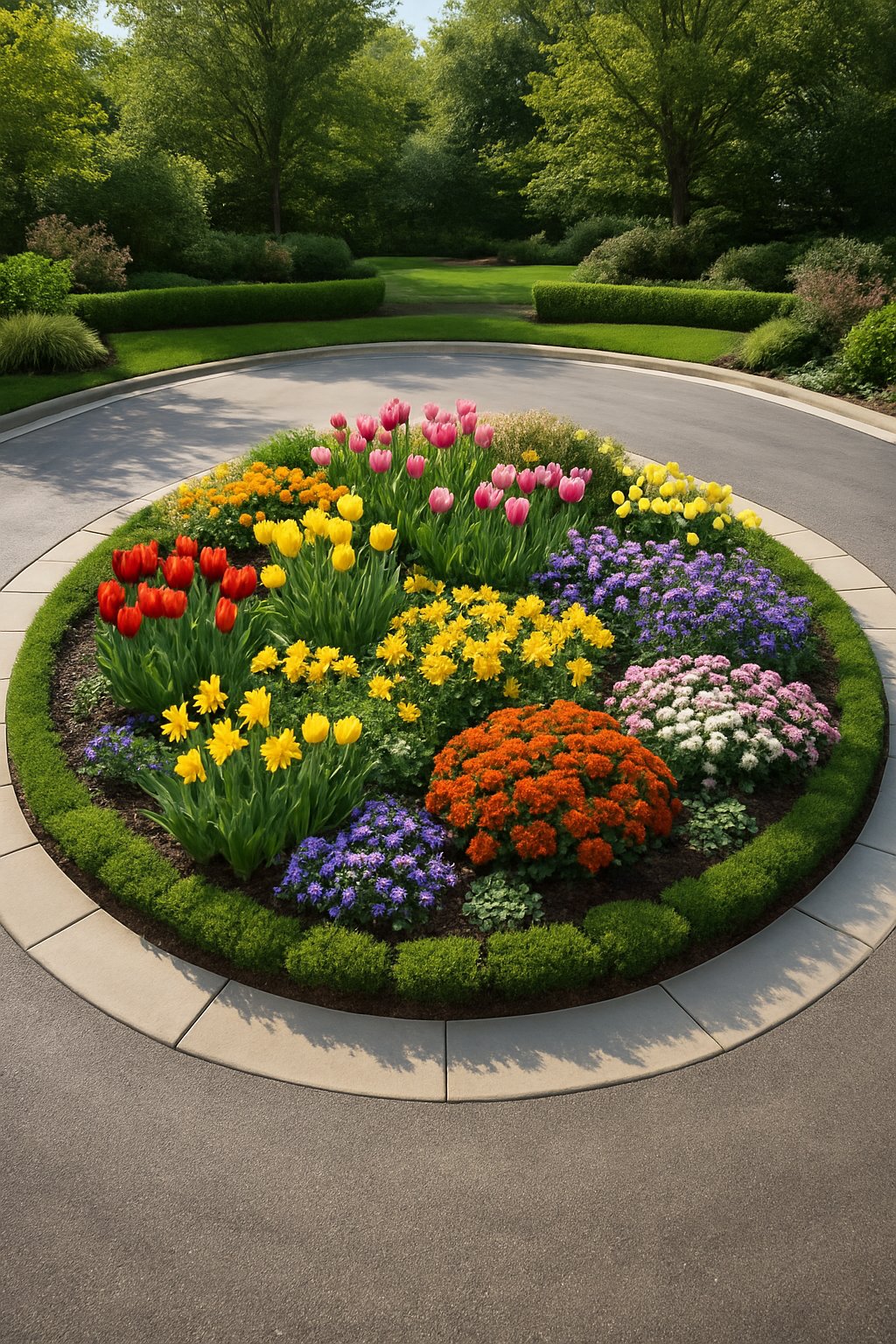 A central garden island filled with colorful seasonal flowers surrounded by a curved half-circle driveway and trimmed landscaping.