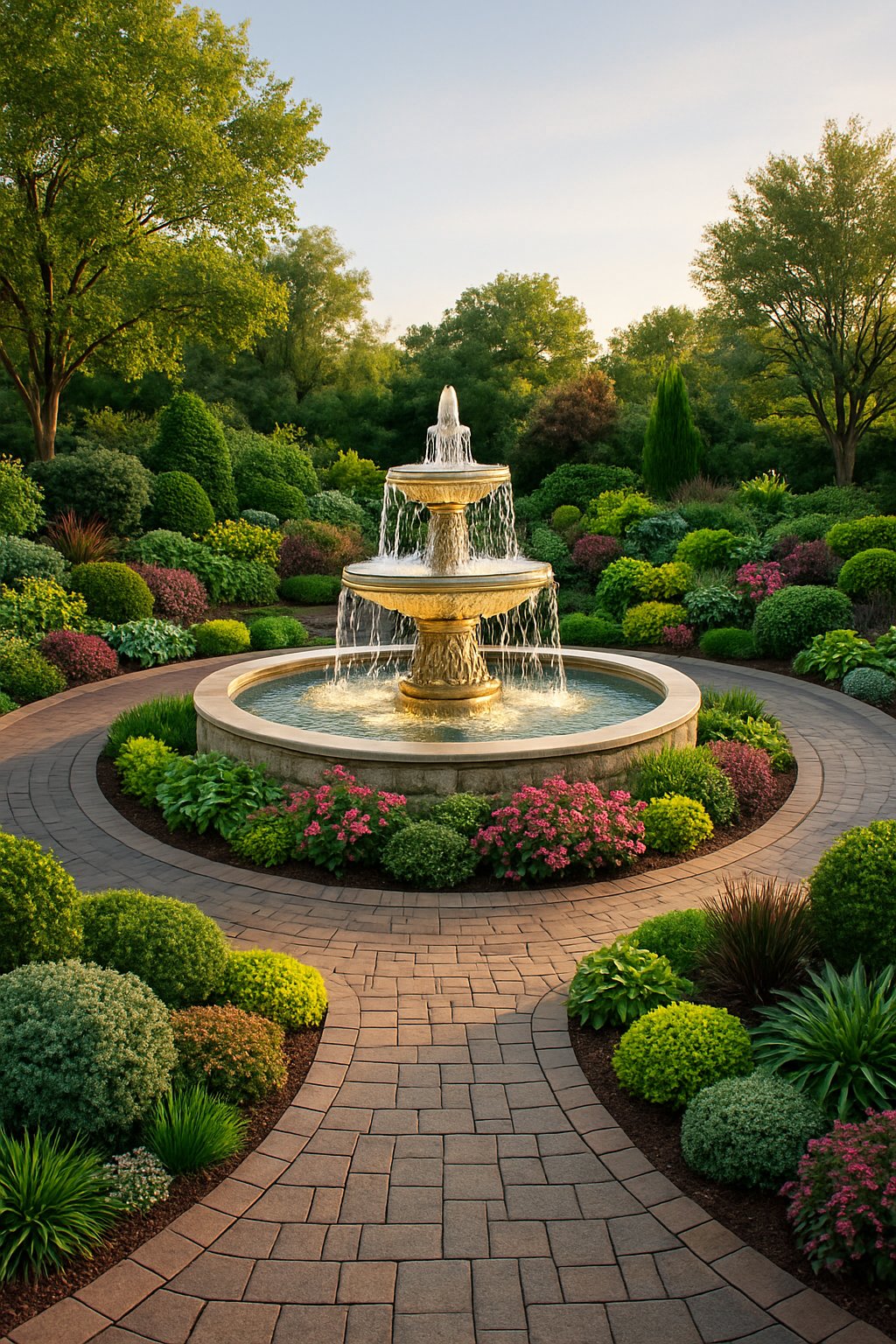 A water fountain centered in a half-circle driveway surrounded by various plants, shrubs, and flowers arranged in landscaped patterns.