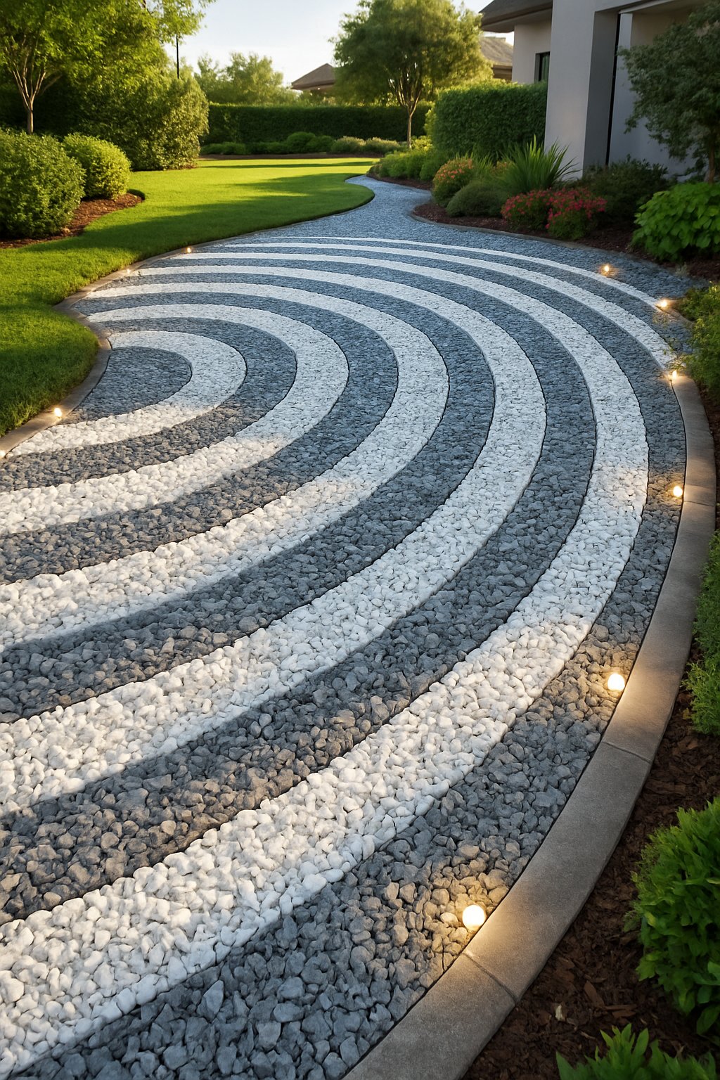 A marble chip driveway arranged in 25 half-circle curves with built-in ground lighting and surrounding landscaping including grass, bushes, and flowers in a residential setting.
