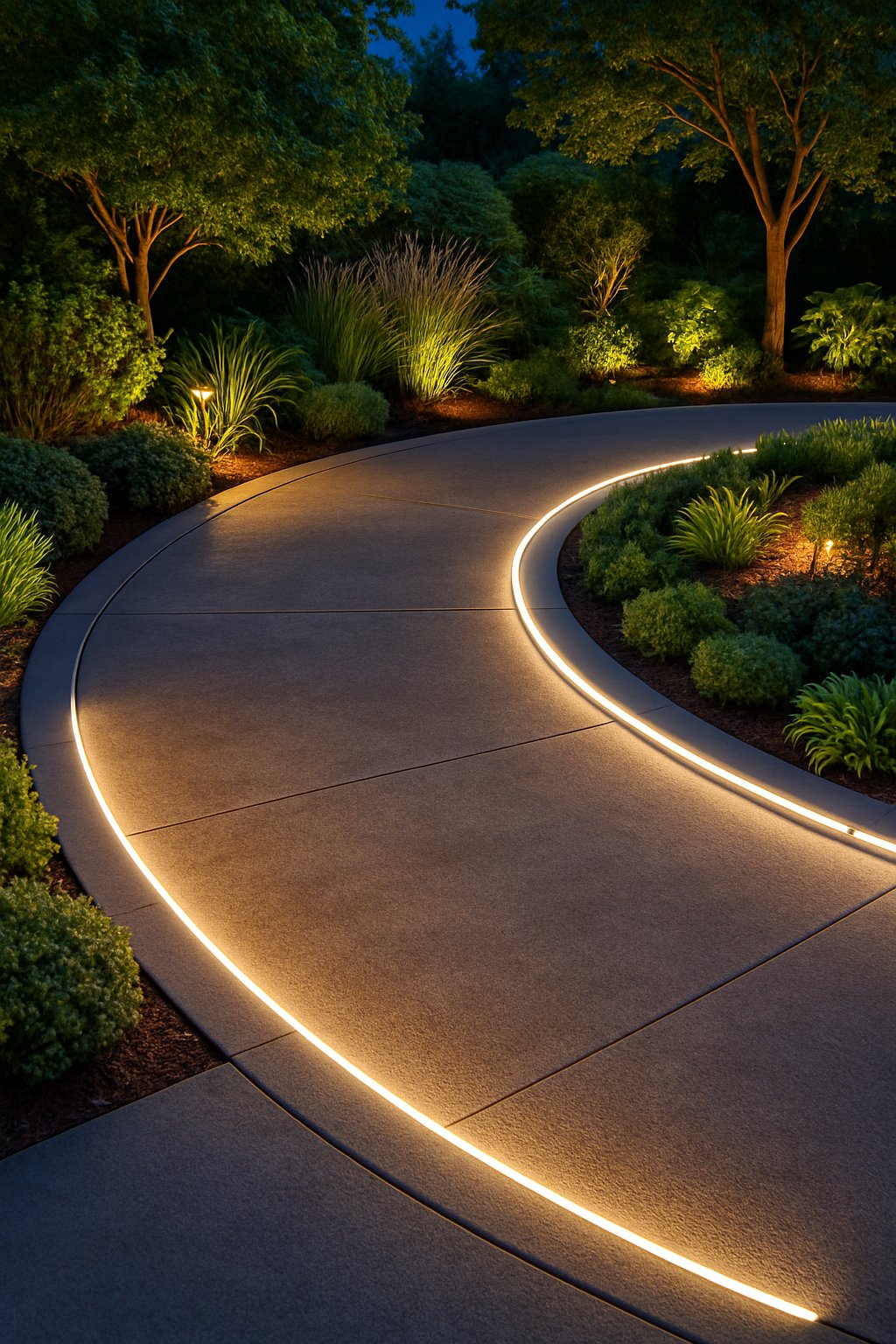 A curved half-circle driveway bordered by green landscaping with LED edge lighting along the driveway edges illuminating the scene.