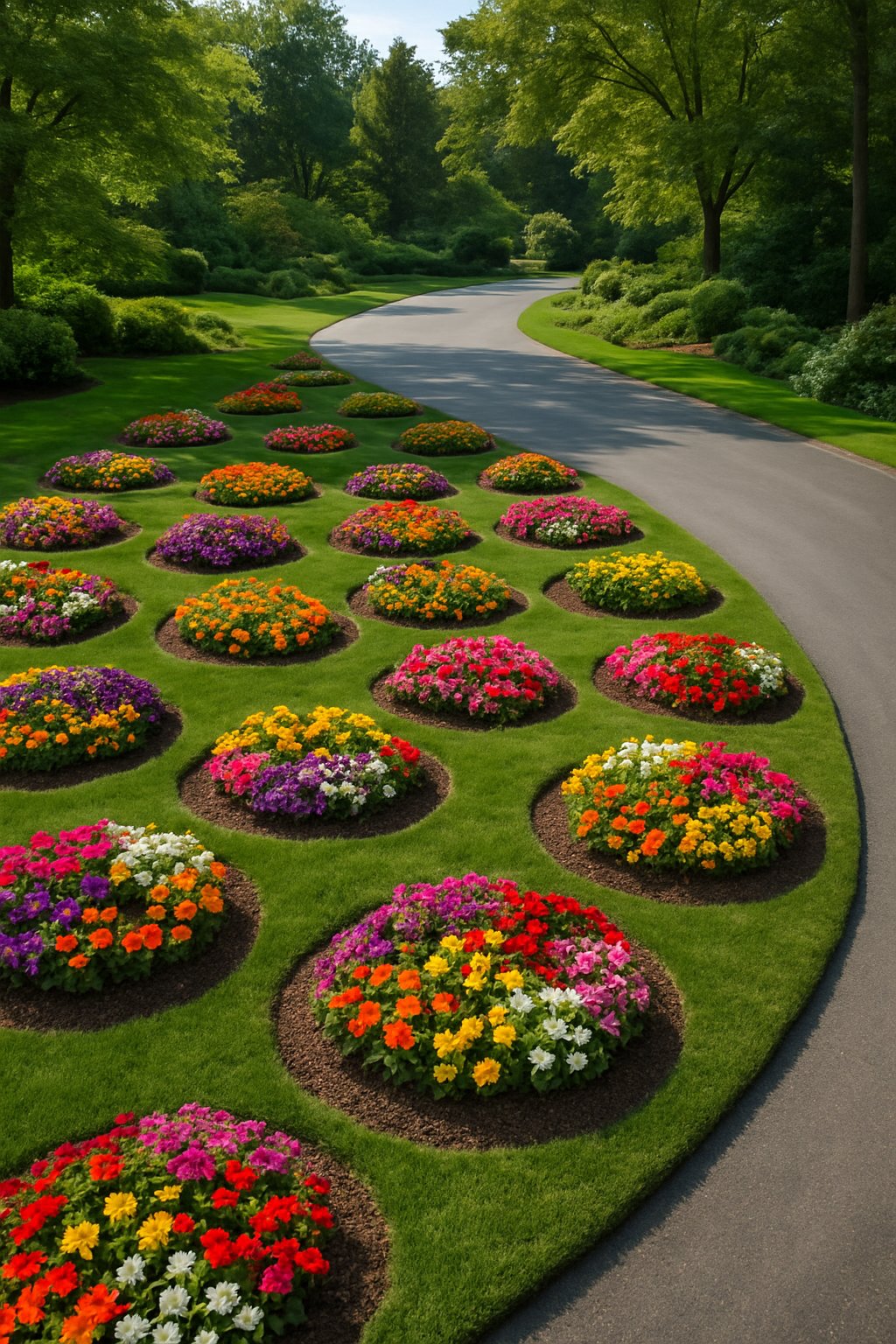 A driveway lined with multiple circular flower beds filled with colorful blooming annual flowers, surrounded by green grass and garden plants.
