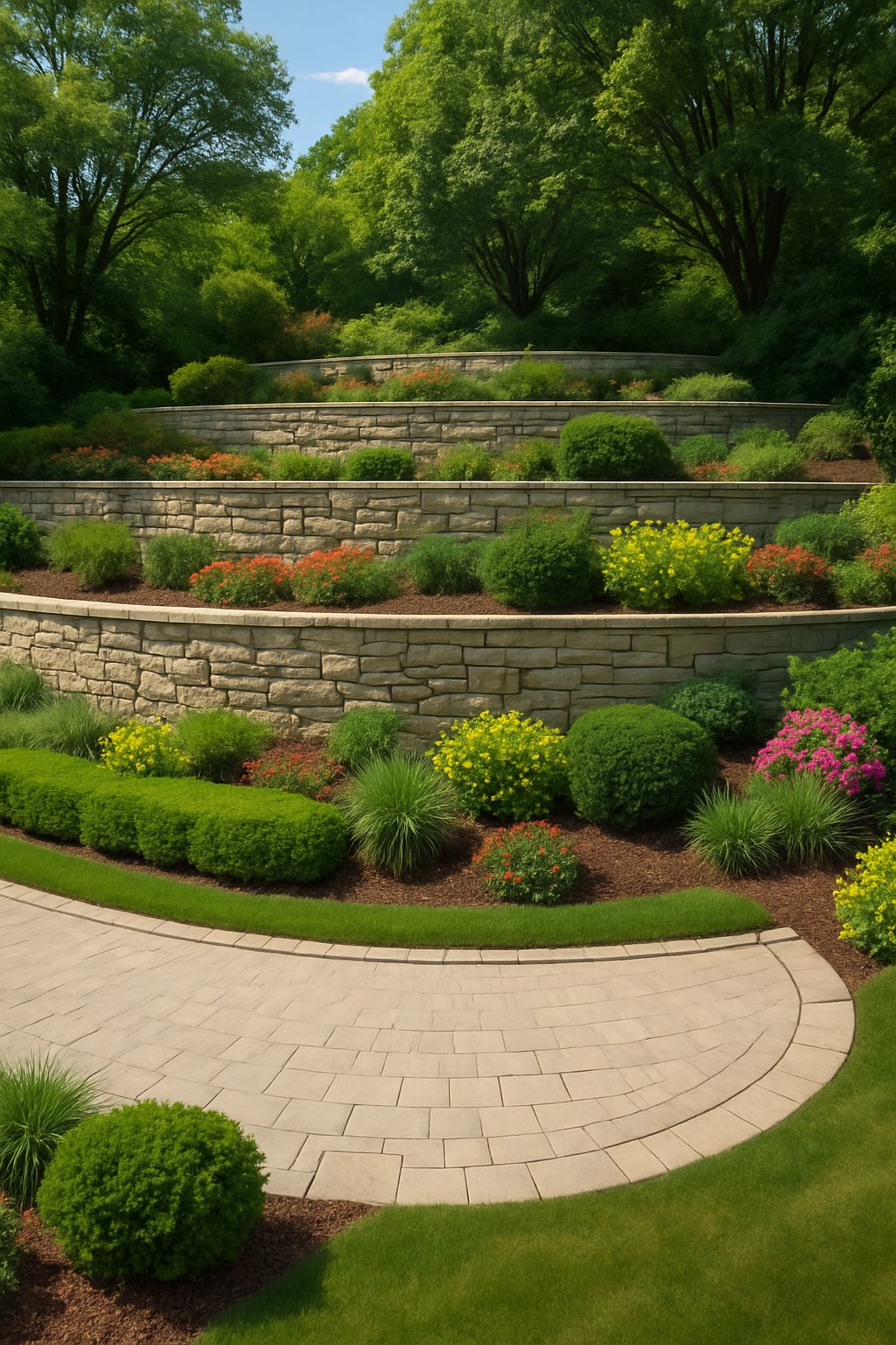 A landscaped outdoor area with tiered stone walls forming terraces and a wide half-circle driveway surrounded by plants and shrubs.
