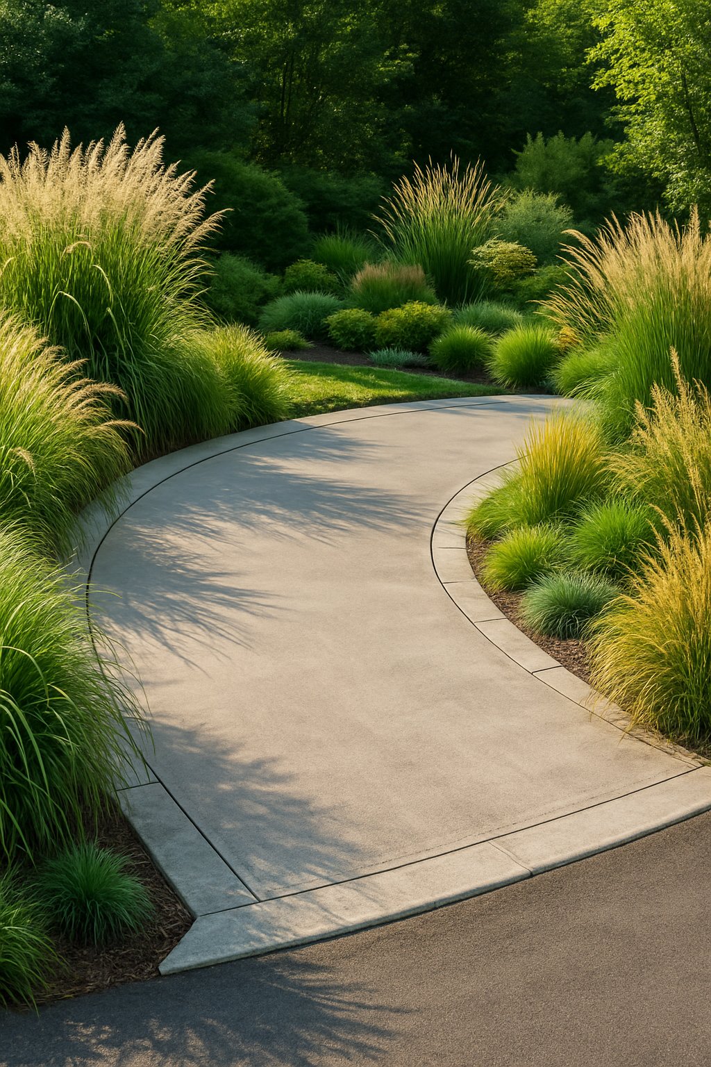 A half-circle driveway surrounded by tall ornamental grasses and various plants, creating a soft and natural border around the driveway.