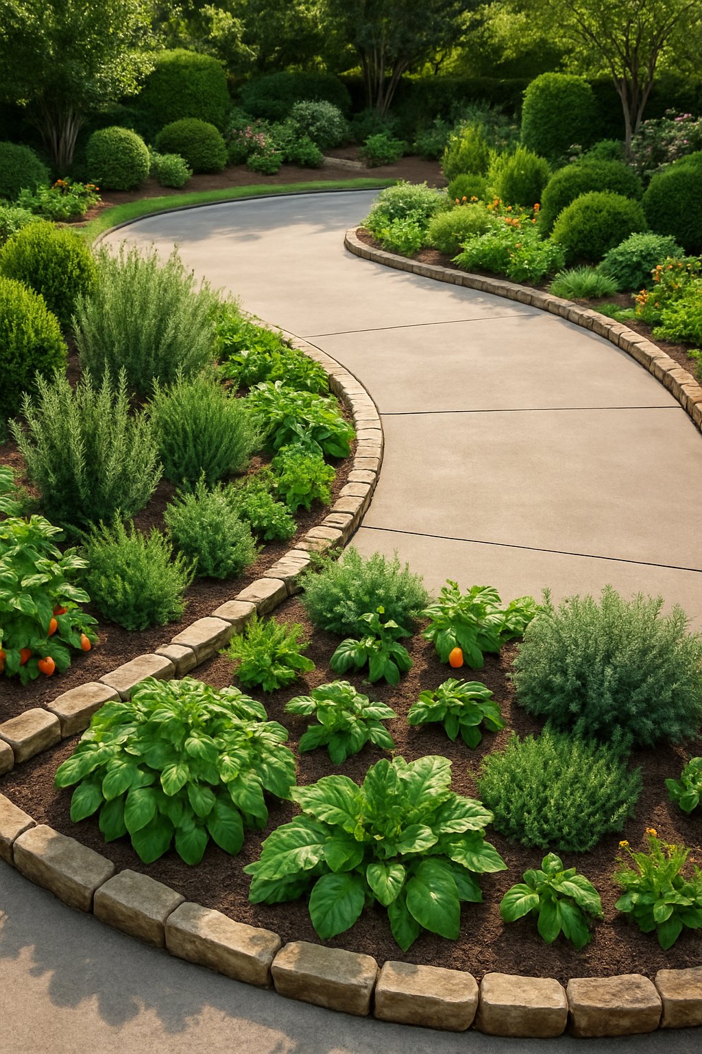 A half-circle driveway surrounded by garden beds filled with various edible plants and herbs, including basil, rosemary, and cherry tomatoes.