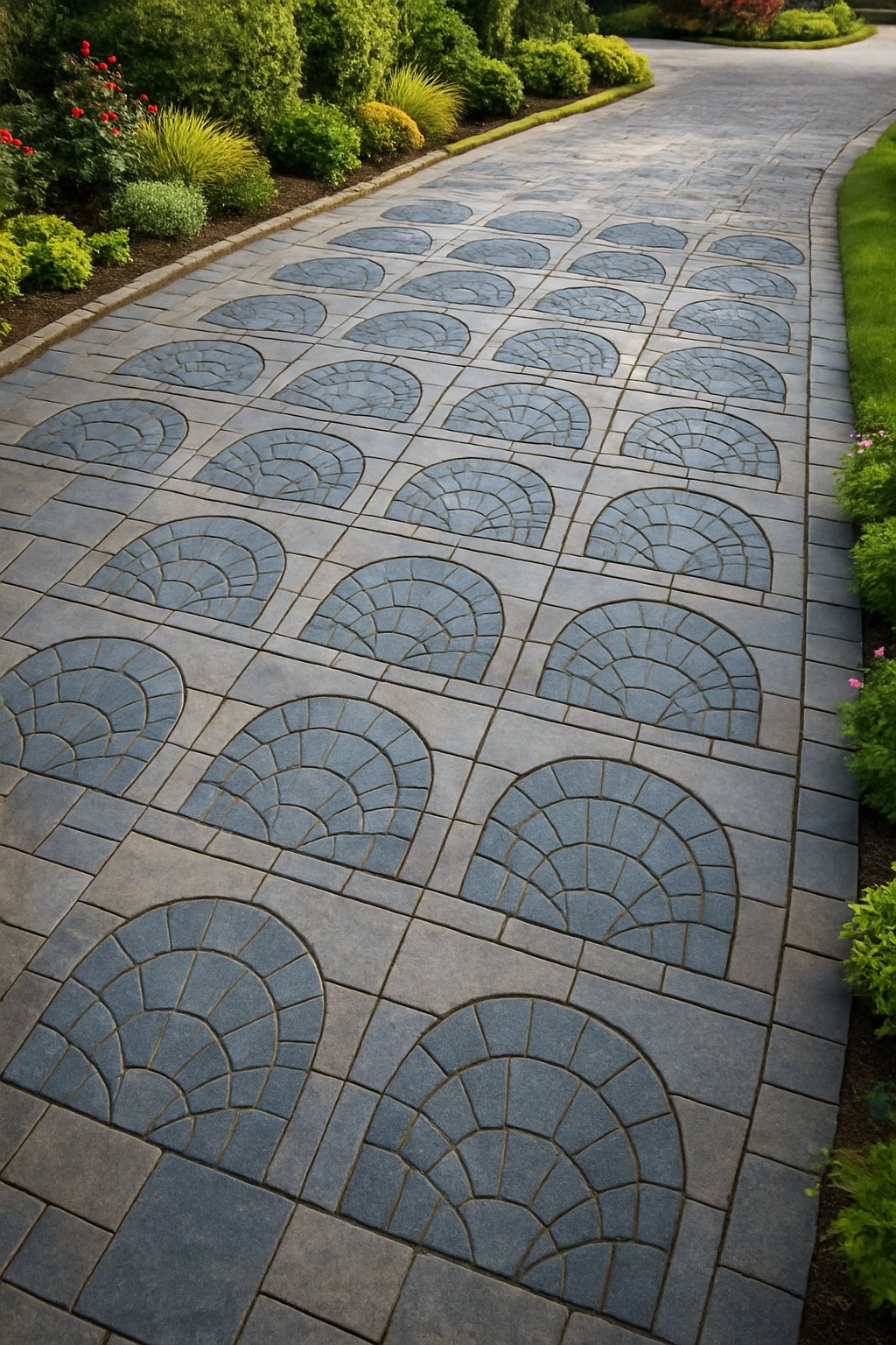 A driveway with 25 half-circle bluestone paving accents surrounded by green shrubs, colorful flowers, and trimmed grass.