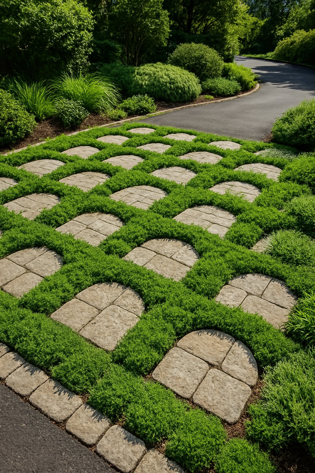 A driveway with 25 half circle shaped pavers surrounded by green groundcover plants growing between them.