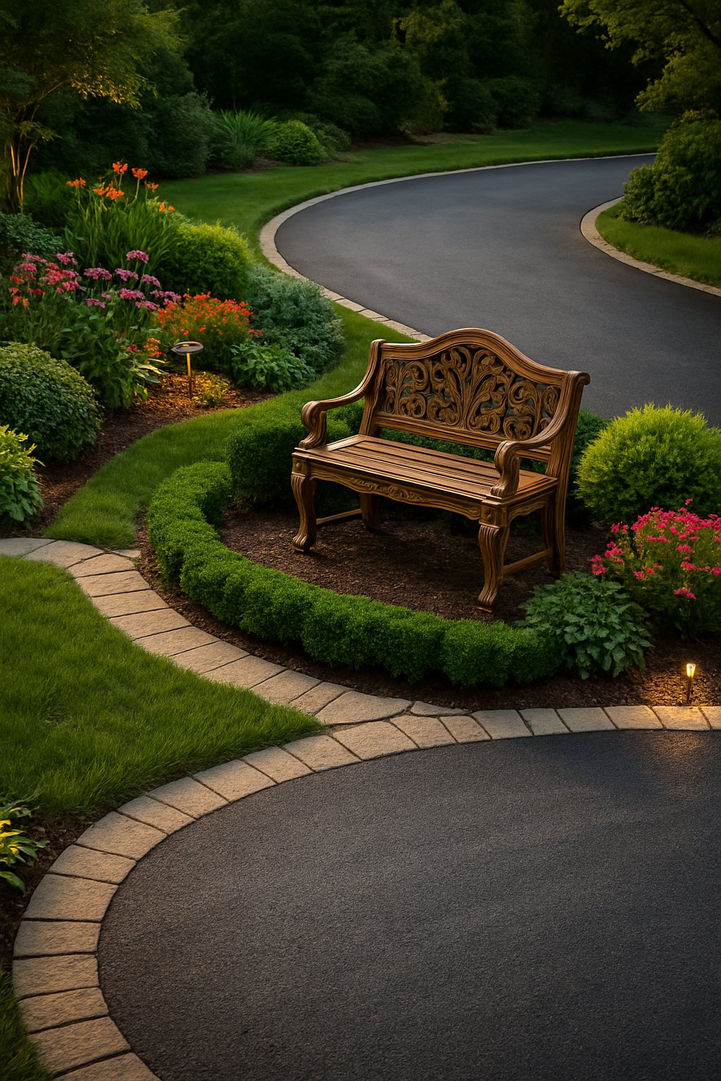 A small decorative bench placed beside a half-circle driveway surrounded by green plants, flowers, and stone pathways.