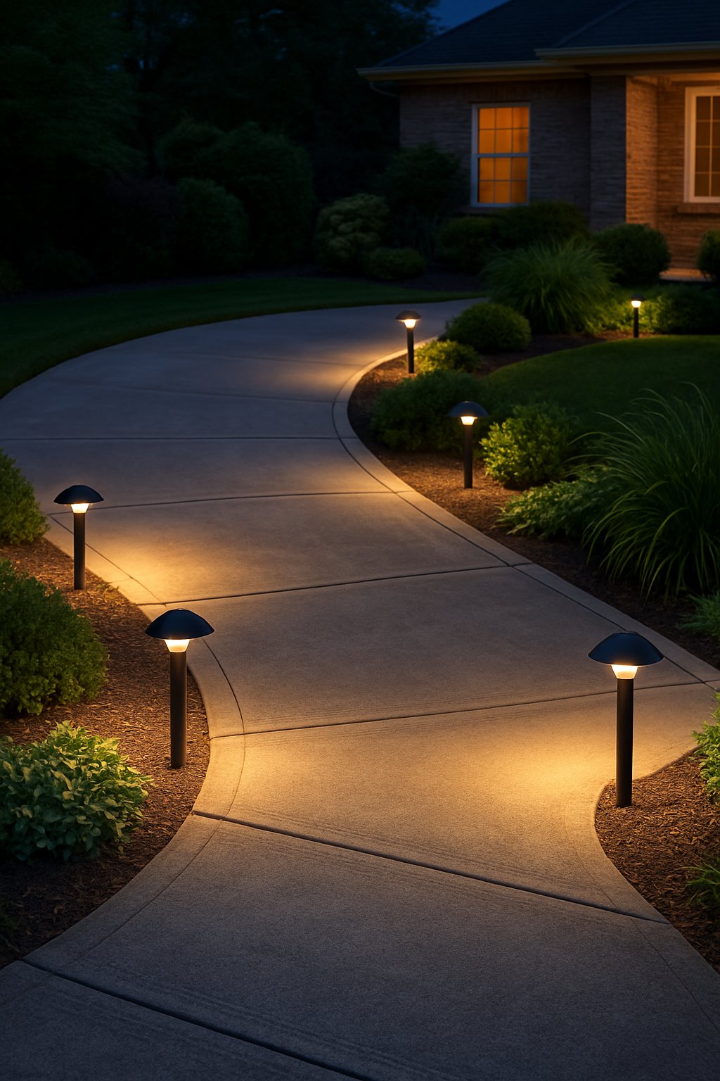 A half-circle driveway with motion sensor path lights installed along the edges, surrounded by landscaped plants and greenery during twilight.