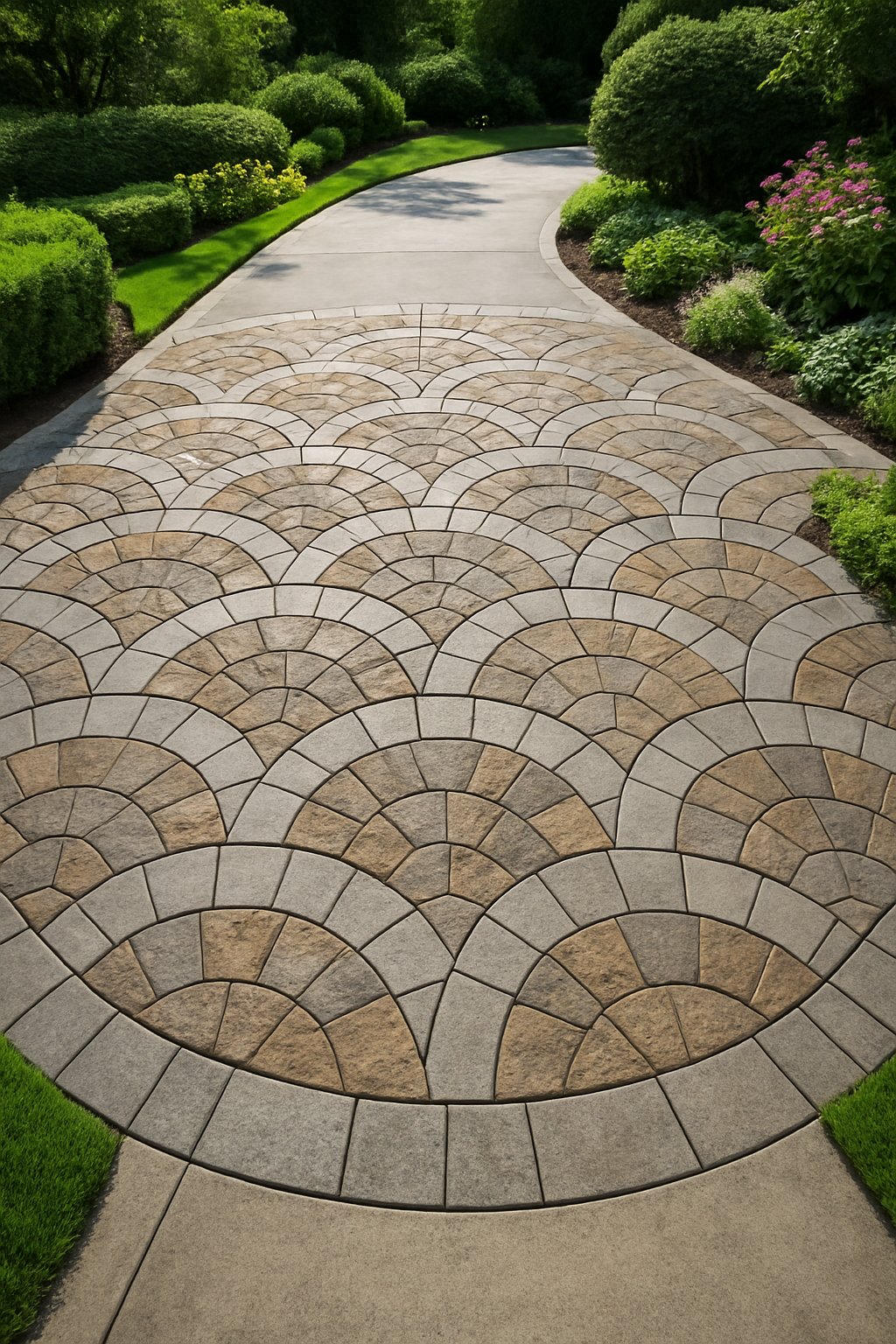 A driveway made of mixed stone and concrete pavers arranged in 25 half-circle segments, surrounded by green shrubs, flowering plants, and trimmed grass.