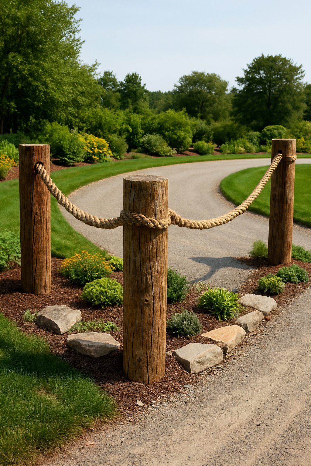 A half-circle driveway bordered by rustic wooden posts connected with thick ropes, surrounded by green grass and plants.