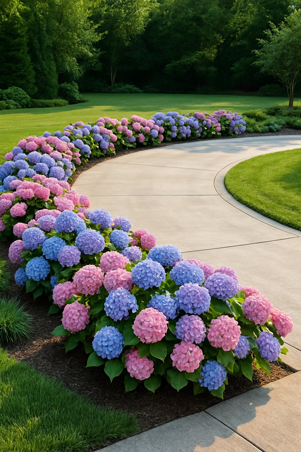 A half-circle driveway lined with colorful hydrangea bushes in full bloom, surrounded by green grass and other plants.
