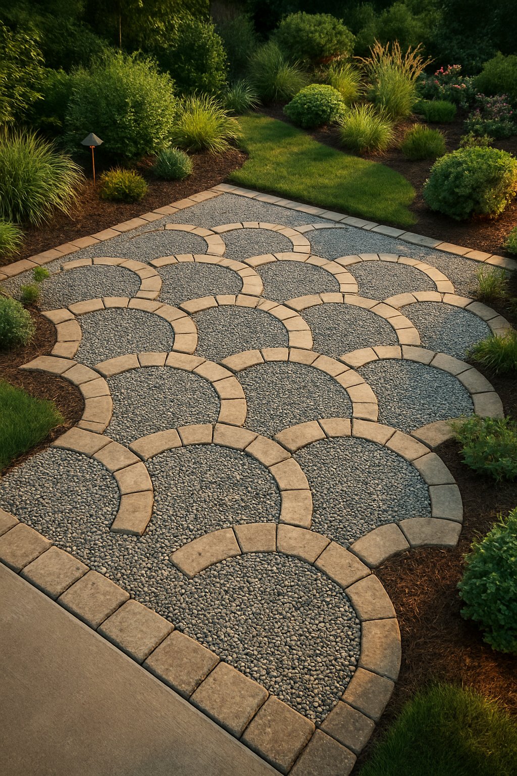 A driveway made of natural stone and gravel arranged in 25 half-circle patterns, surrounded by green shrubs, flowering plants, and manicured lawns in a landscaped garden.