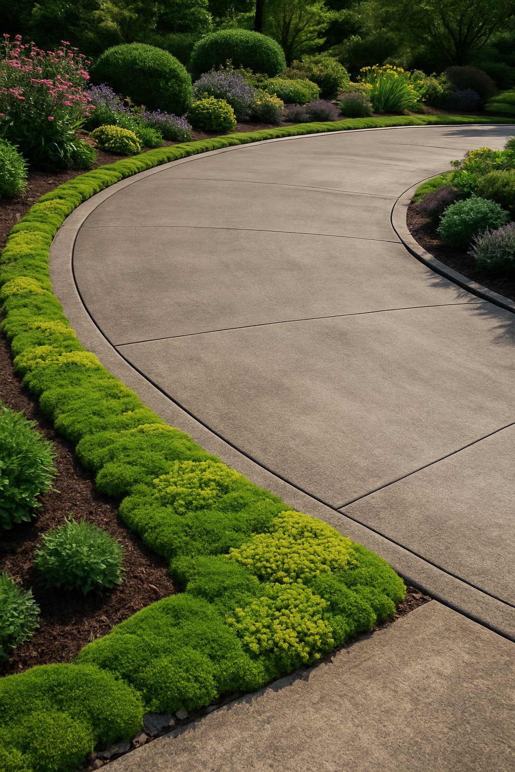 A half-circle driveway with edges blended into green moss and sedum plants, surrounded by flower beds and shrubs.