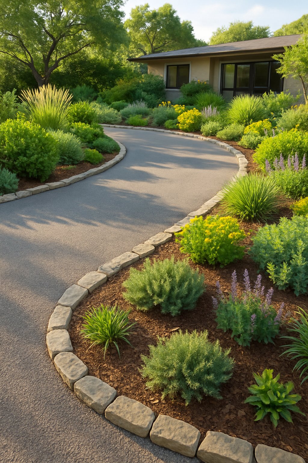 A half-circle driveway bordered by lush native plants and natural stone edging, surrounded by greenery and a modern house in the background.