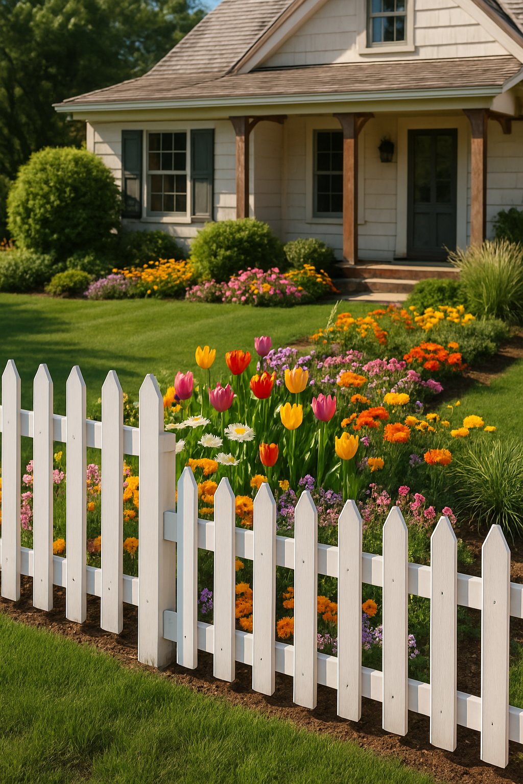 Front yard with a white picket fence and colorful flower beds in front of a farmhouse.
