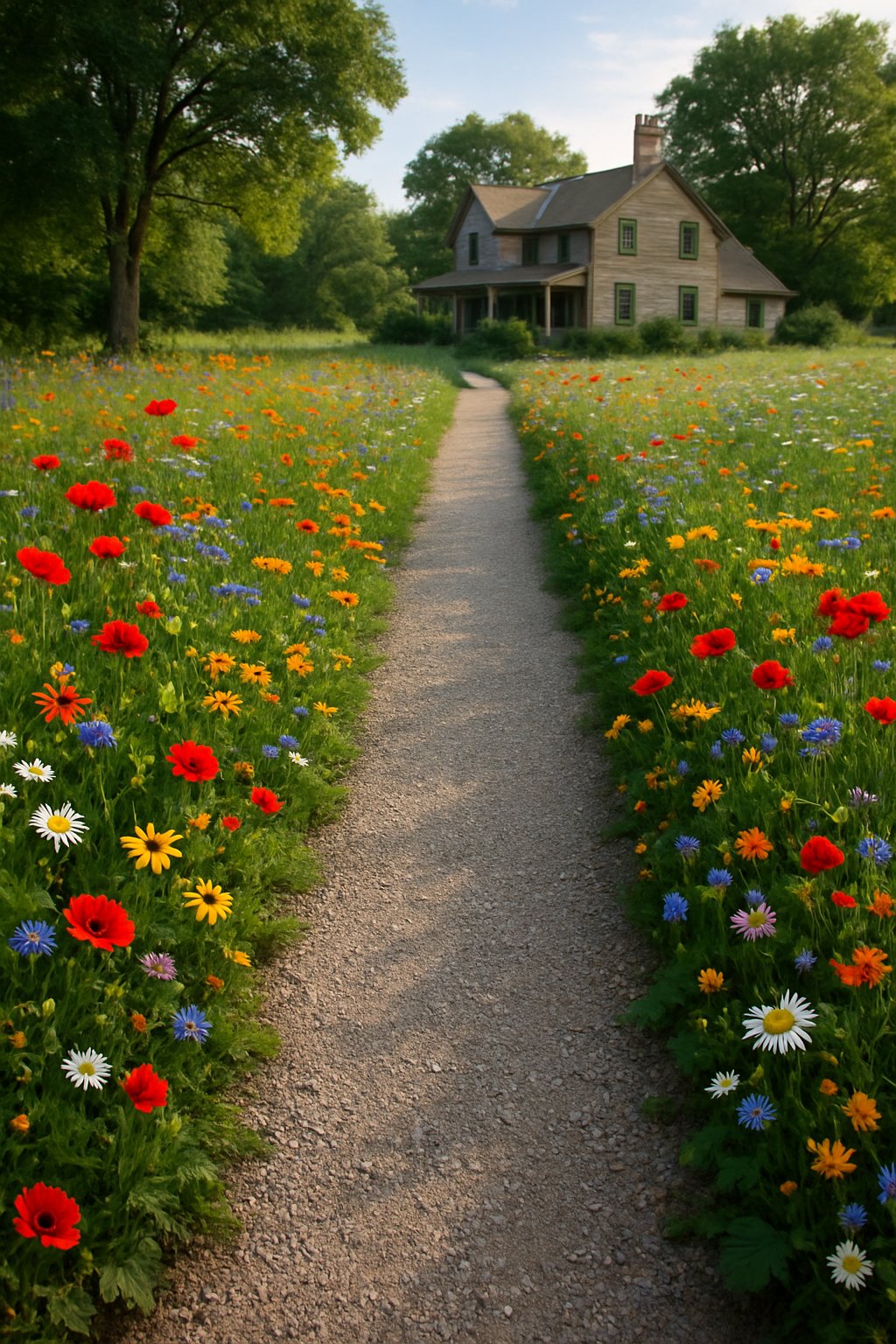 A gravel pathway leads through a landscaped front yard with wildflowers toward a farmhouse and meadow in the background.