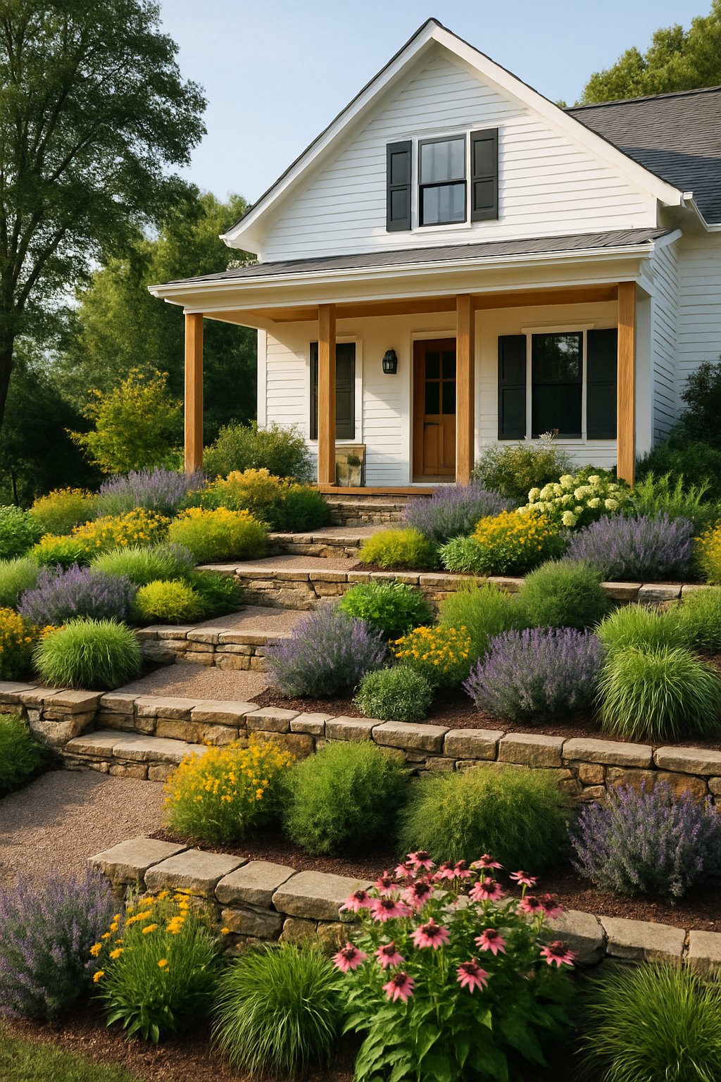 A farmhouse front yard with layered, tiered garden beds filled with various plants and flowers, separated by stone walls, and a gravel path leading to a wooden porch.