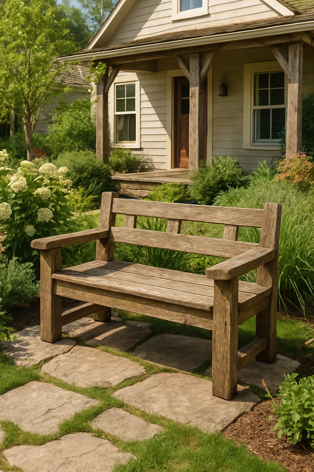 Rustic wooden bench in a farmhouse front yard surrounded by green plants and stone pavers.