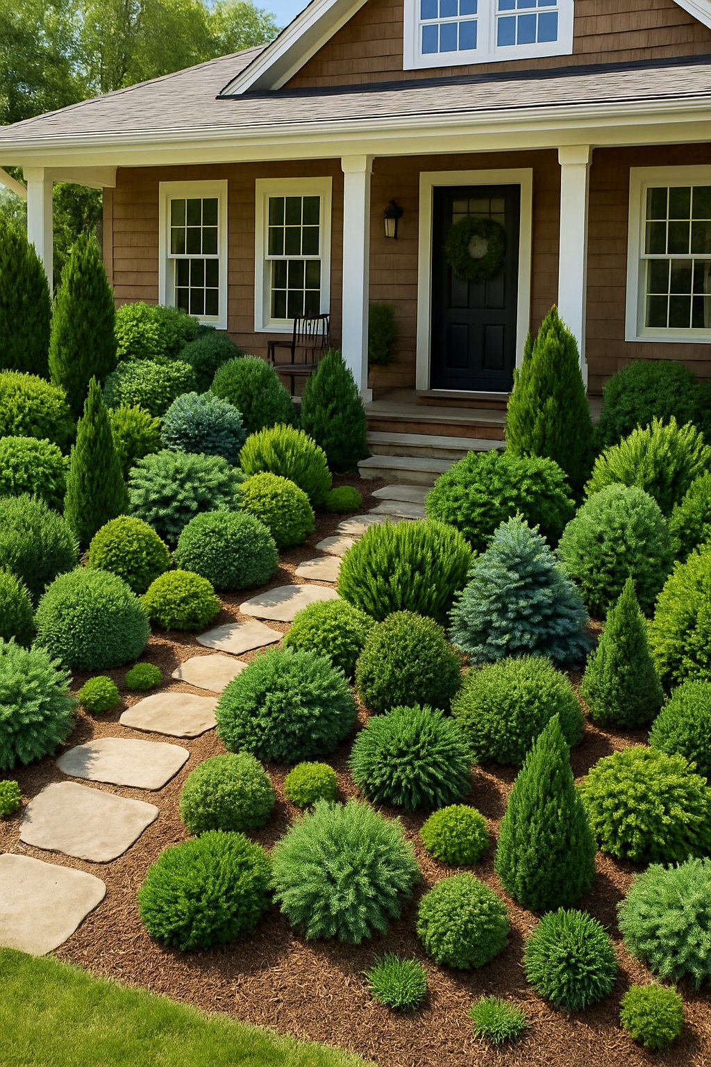 A farmhouse front yard with 27 different evergreen shrubs arranged around a stone pathway, showing lush greenery and a rustic house in the background.