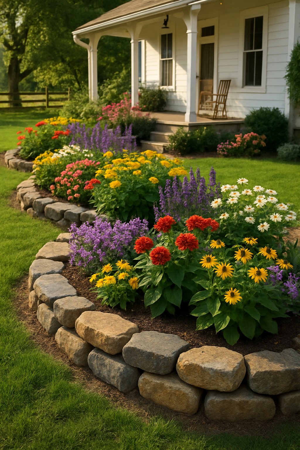 A farmhouse front yard with flower beds bordered by natural stone edging, filled with colorful flowers and green plants.