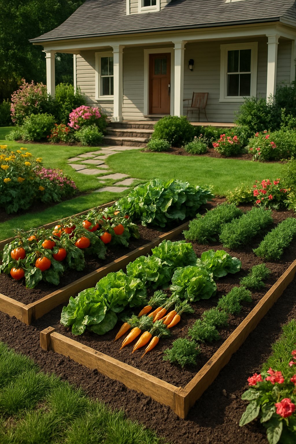 A vegetable garden patch with fresh produce in the front yard of a farmhouse, surrounded by flowers, stone pathways, and green grass.