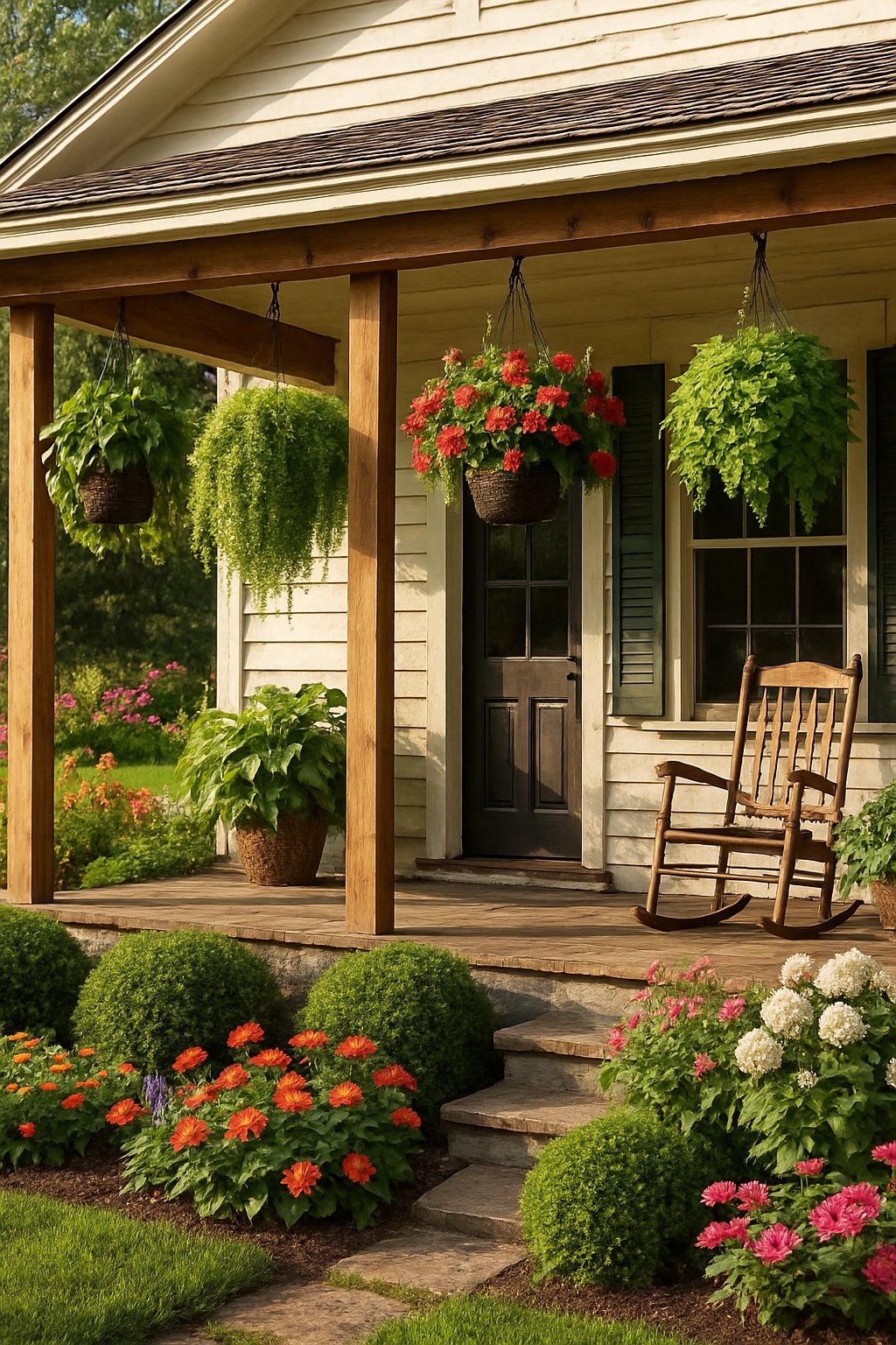 Front porch of a farmhouse with various plants hanging from wooden beams and a landscaped front yard with flowers and shrubs.