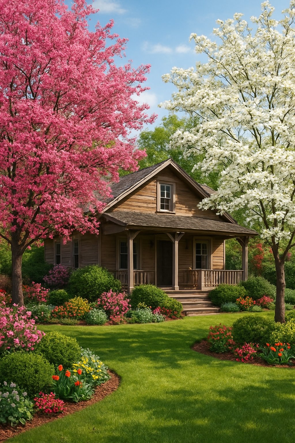 A farmhouse front yard with flowering crabapple and dogwood trees, green grass, shrubs, and colorful flower beds under natural daylight.