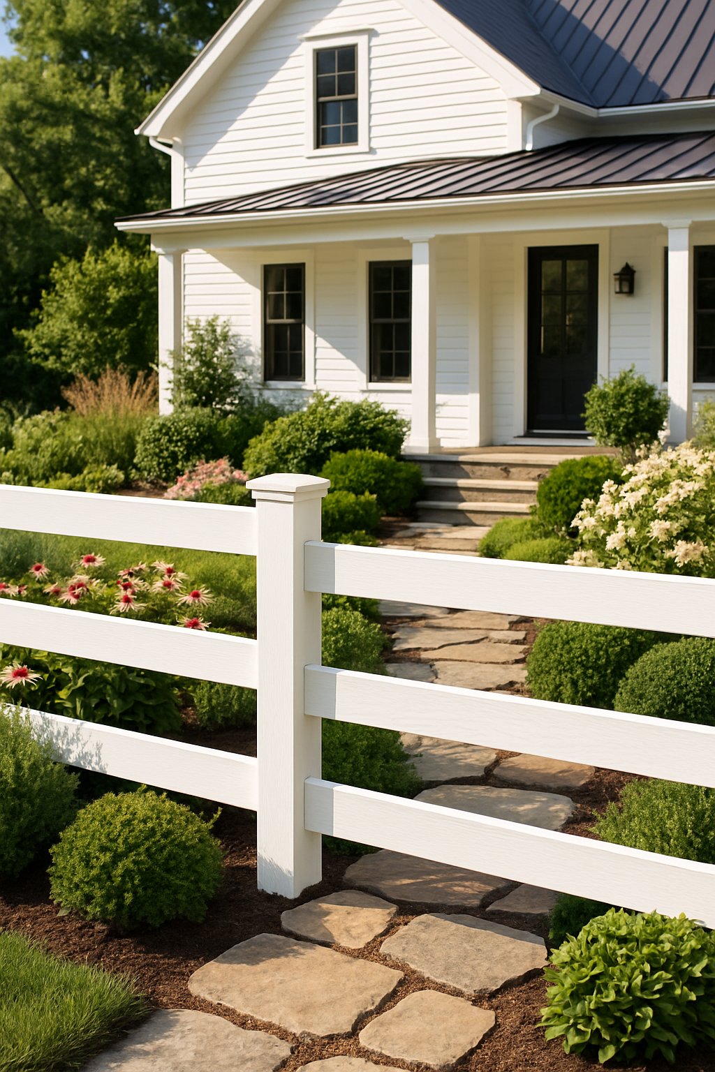 Front yard of a farmhouse with a white wooden fence, white trim on the house, and landscaped garden with flowers, shrubs, and stone pathways.