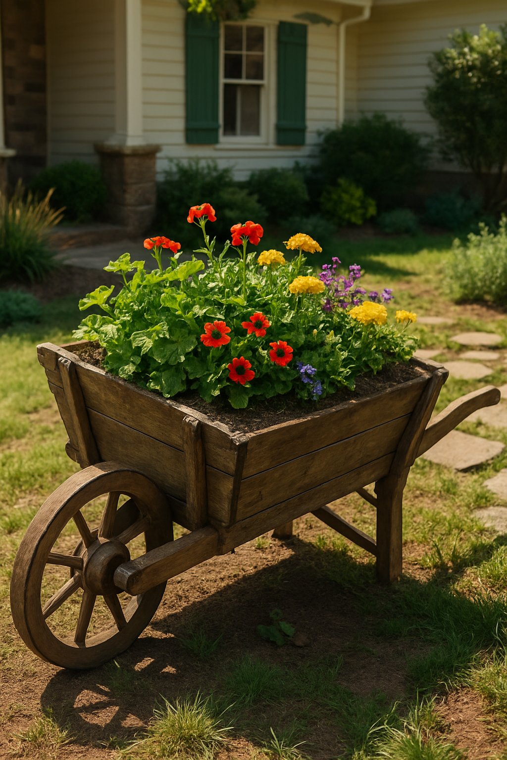 A rustic wooden wheelbarrow filled with plants and flowers in a farmhouse front yard garden.